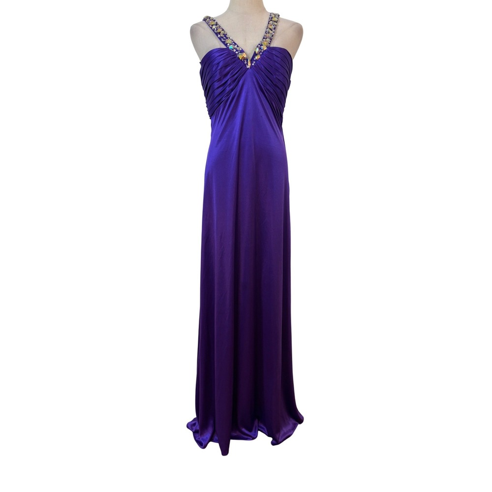 Y2K‎ Satin Gown Women 6 Purple Crystal beaded Maxi Dress cut out back sweetheart